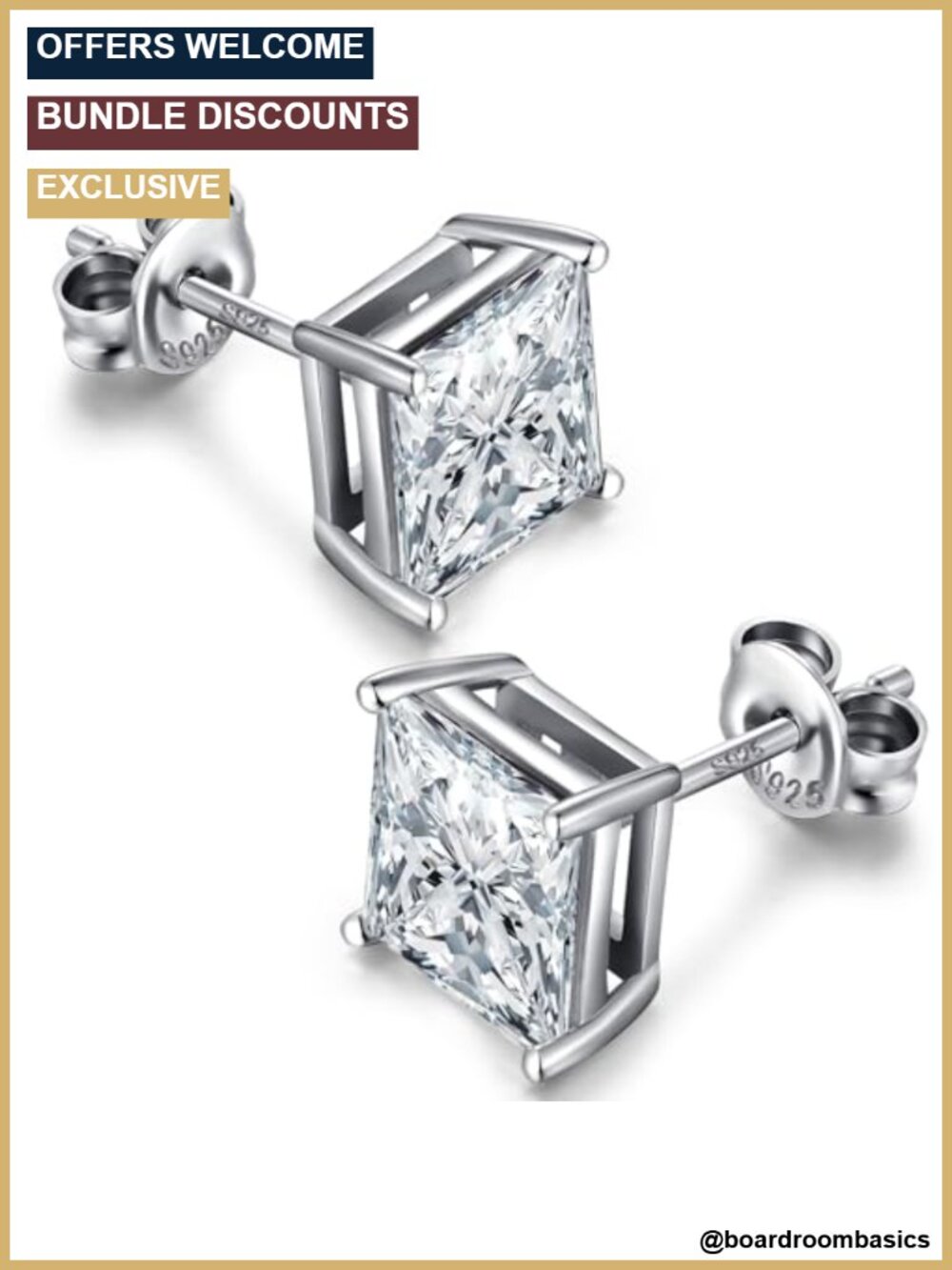 925 Sterling Silver Square Stud Earrings Cubic Zirconia 4-Prong Princess Cut